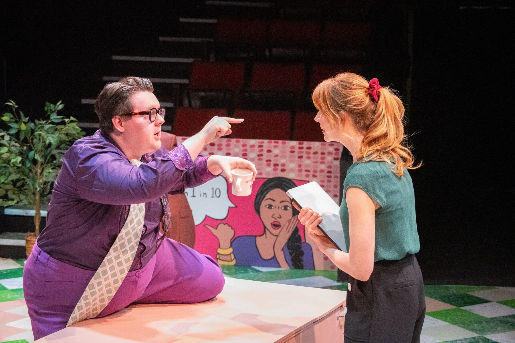 Purple-suited doctor pointing accusatorily at the lead